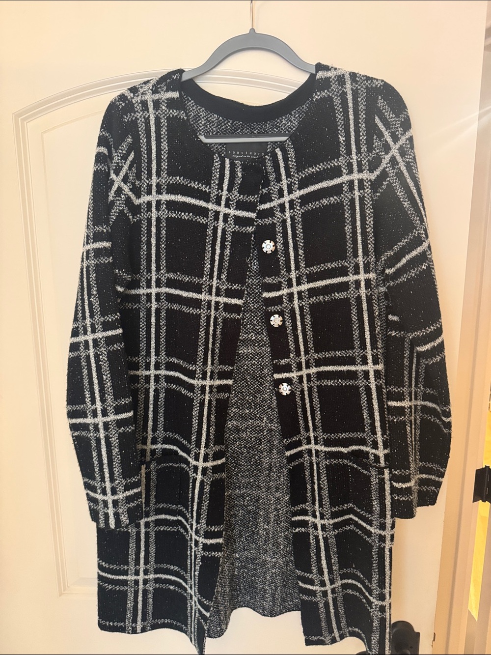 Sanctuary Black and White Plaid Long Cardigan